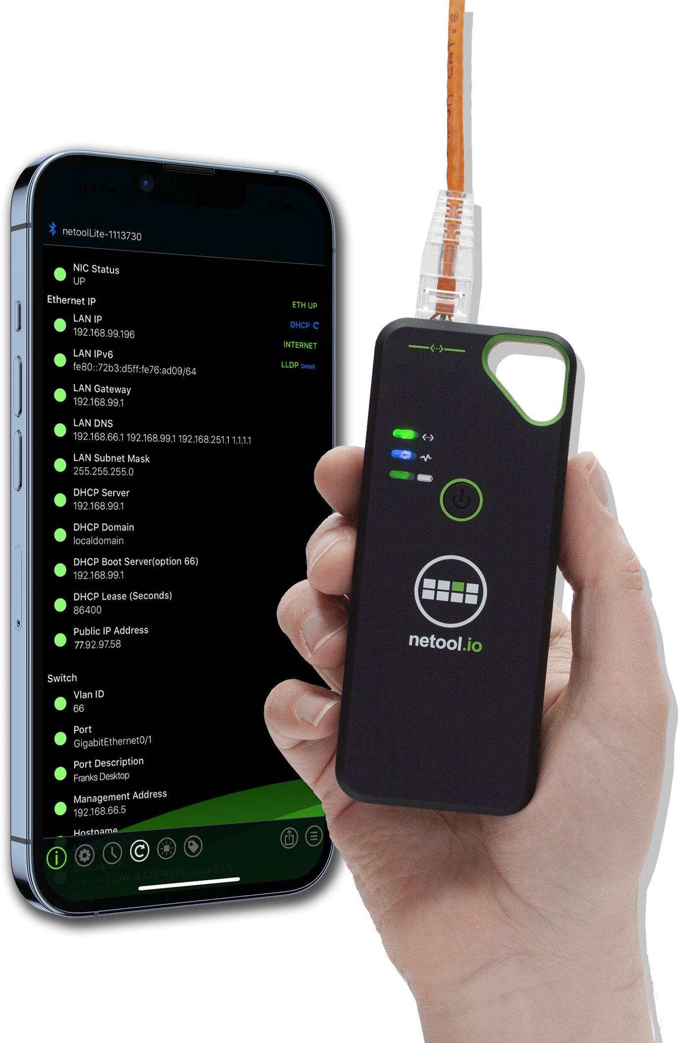 Kompaktes Netzwerk-Analysetool Netool.io LITE, ideal für schnelle Fehlerdiagnosen und Netzwerkanalysen, unterstützt VLAN, DHCP und Ethernet-Protokolle.