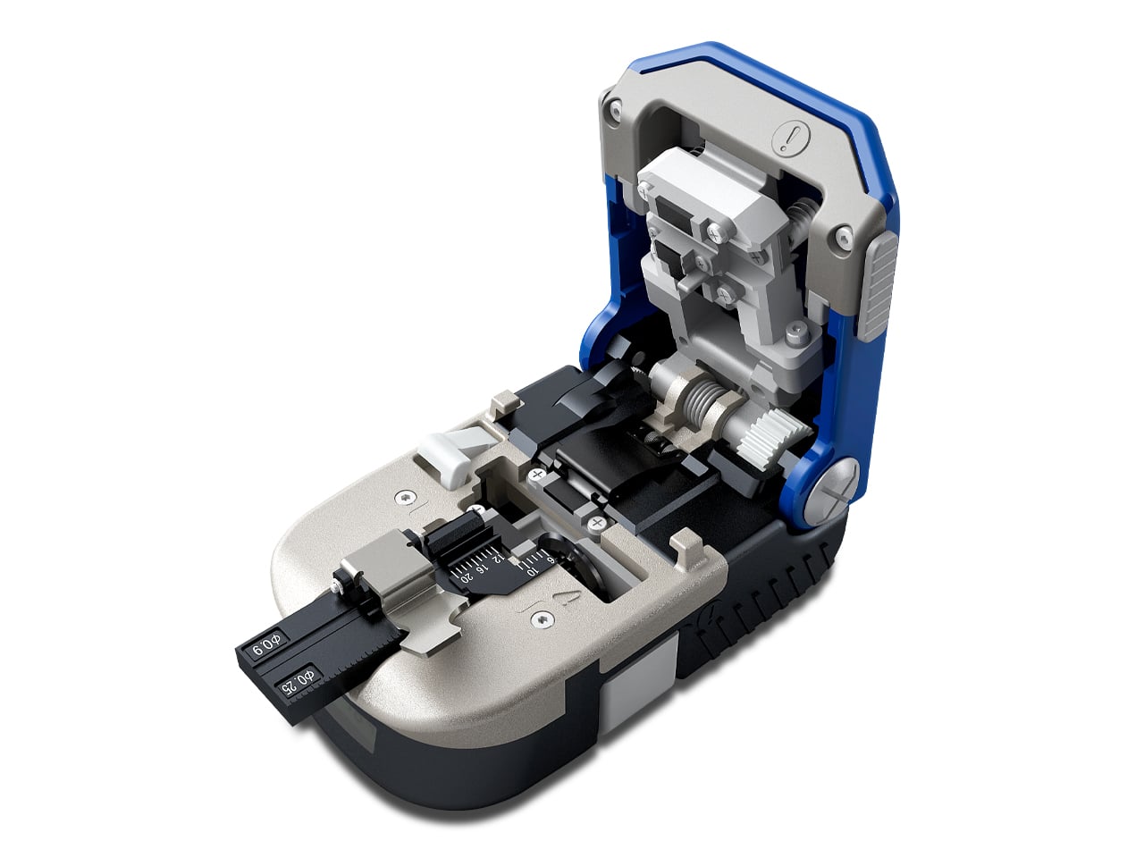 Offenes Sumitomo FC-8R-F Fasertrenngerät, zeigt die präzisen mechanischen Komponenten für Glasfasertrennungen.